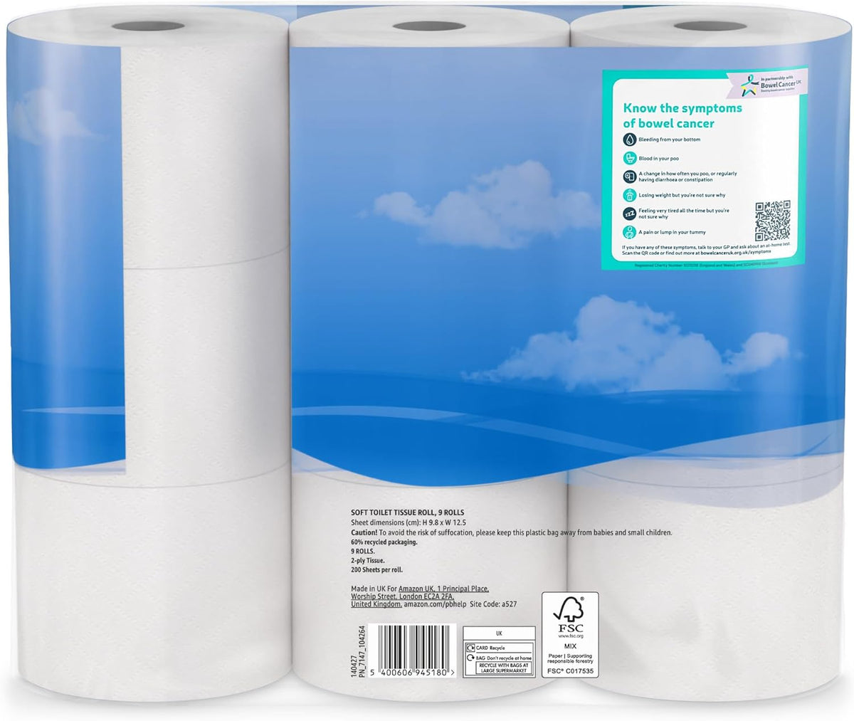 by Amazon Soft Toilet Tissue, 2-Ply, 45 Rolls (5 Pack of 9), 200 Sheets per Roll