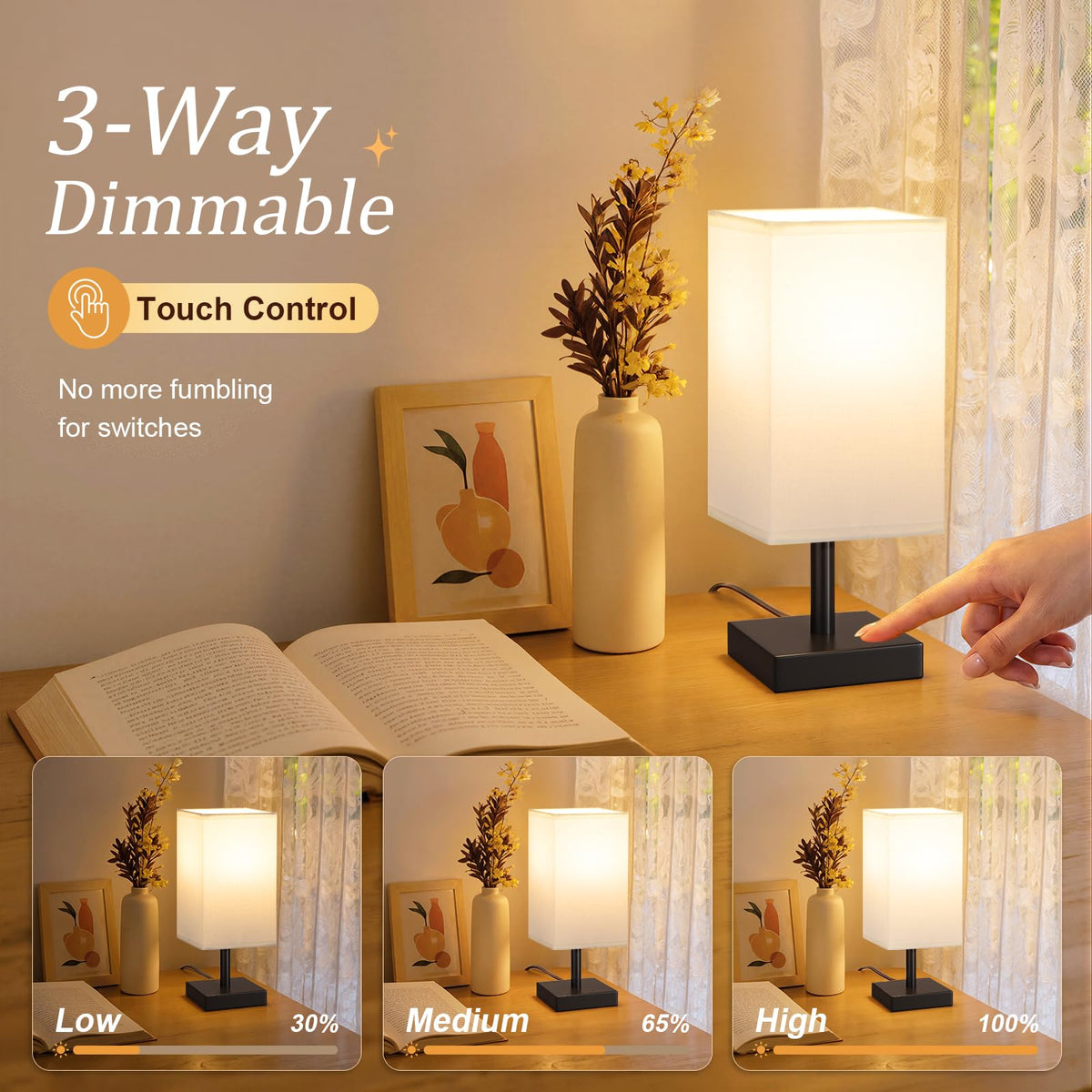 White Table Lamp for Bedroom, Small Bed Lamp with for Bedroom, Silver Base(Bulb Included)