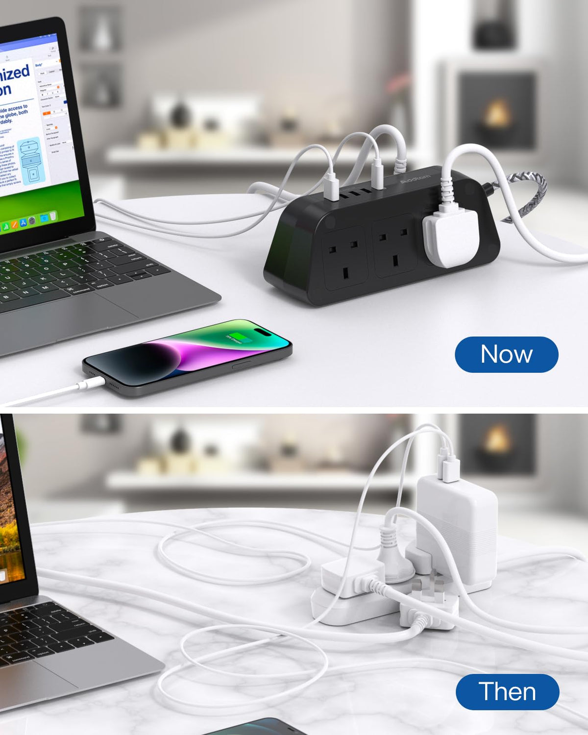 Addtam Extension Lead with USB Slots, 6 Way Outlets 5 USB(5A, 3USB- C Port)