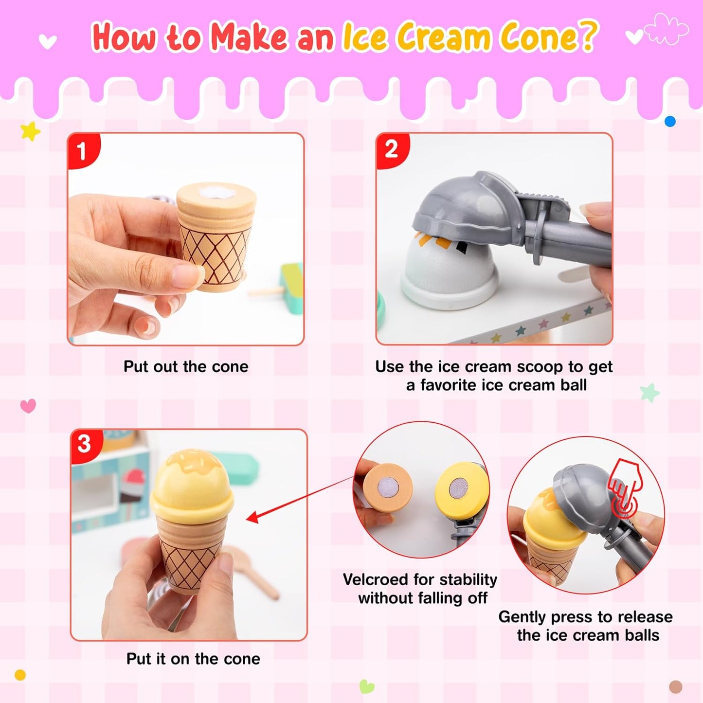 WIKITOT Ice Cream Toys for Kids, 51 Pieces Wooden Ice Cream Cart Role Play Toys for 3 to 7 Year Old Girls Boys Bithday Gifts