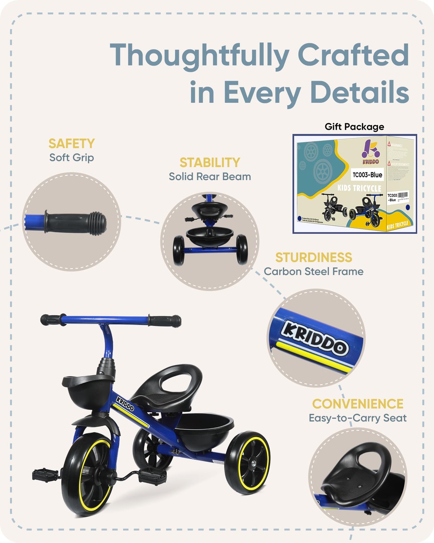 KRIDDO Toddler Tricycle — Anti-Tip Design, BPA-Free | Ages 18 Months to 4 Years | Pink