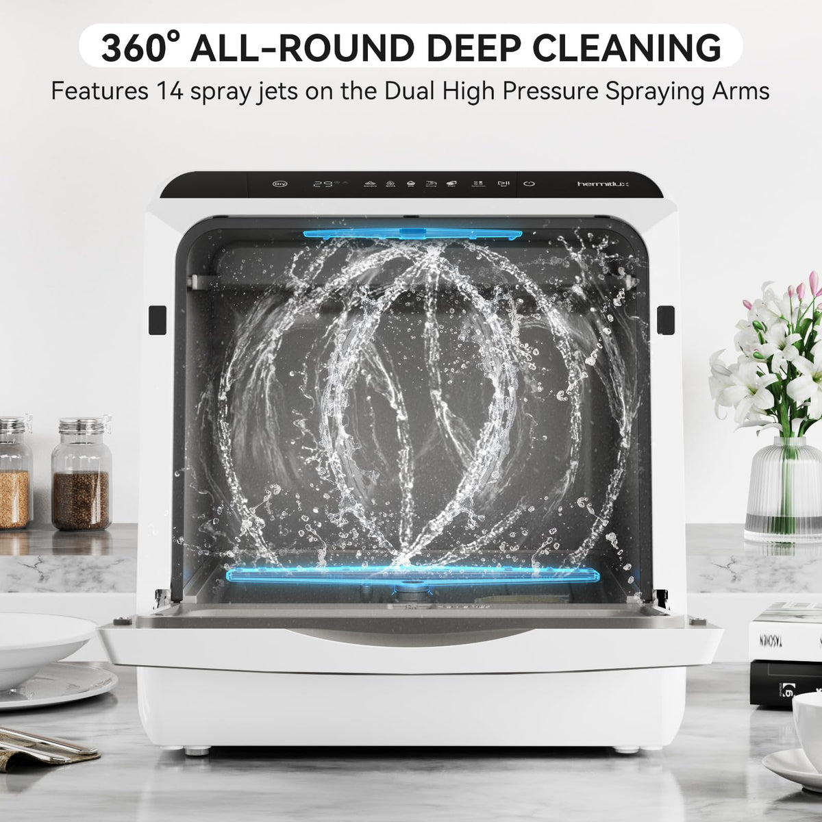 Hermitlux Table Top Dishwasher, Mini Countertop Dishwasher with 4 Place Settings, 5L Built-in Water Tank, 6 Programmes, Touch Control, Baby Care and Fruit Wash, White