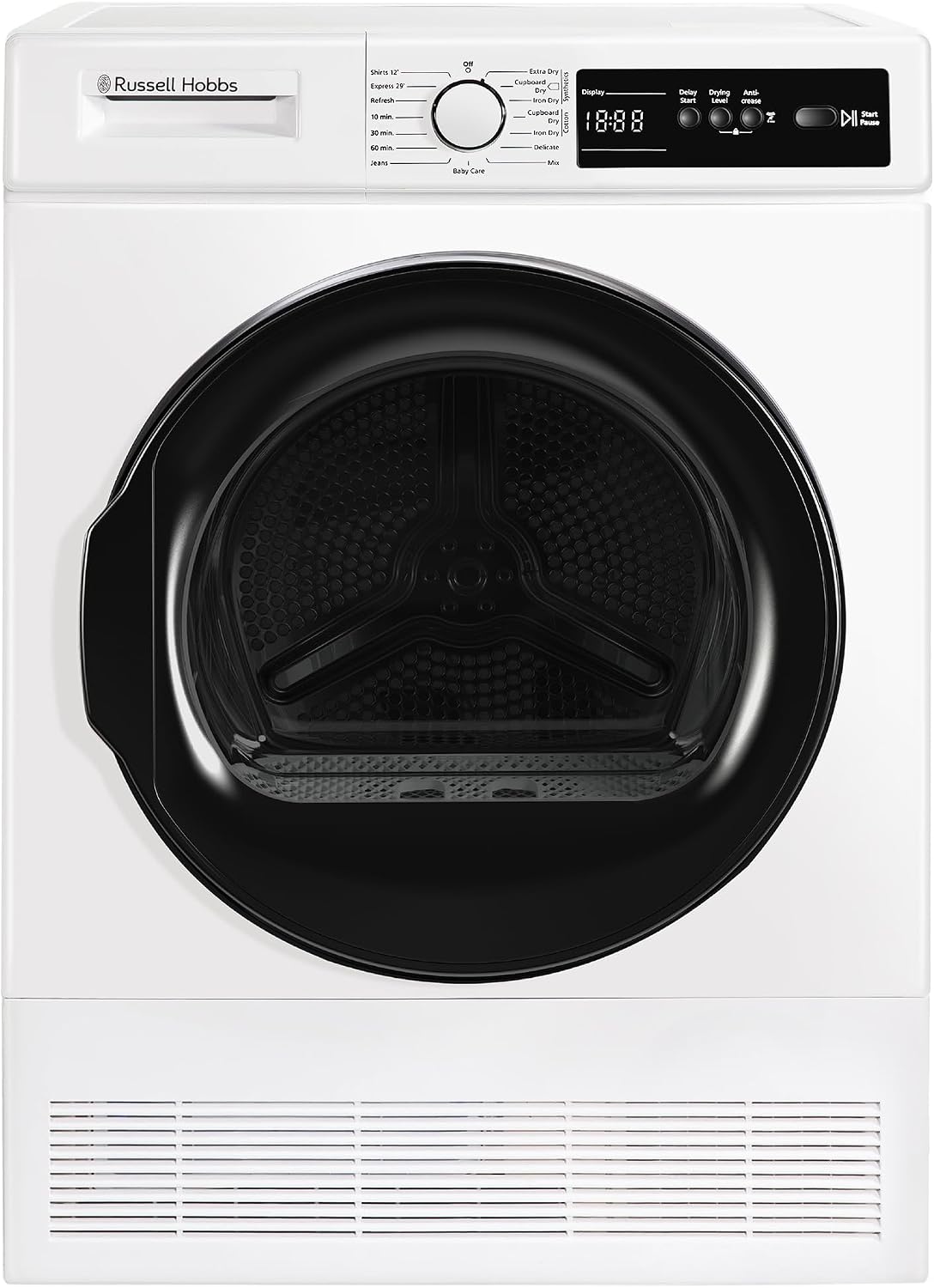 Russell Hobbs Freestanding Condenser Dryer Electric Tumble Dryer 15 Programmes 8kg Capacity 3 Heat Settings LED Display DelayStart Anti-Crease Child Lock Black Clothes Dryer RH8CTD111B