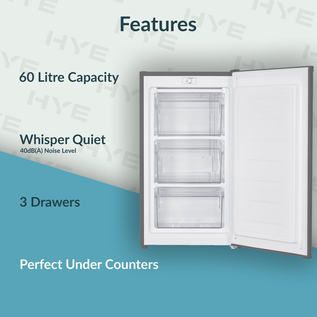 HYE Under Counter Freezer - 60L capacity, 85cm Height, 48cm Width, Black