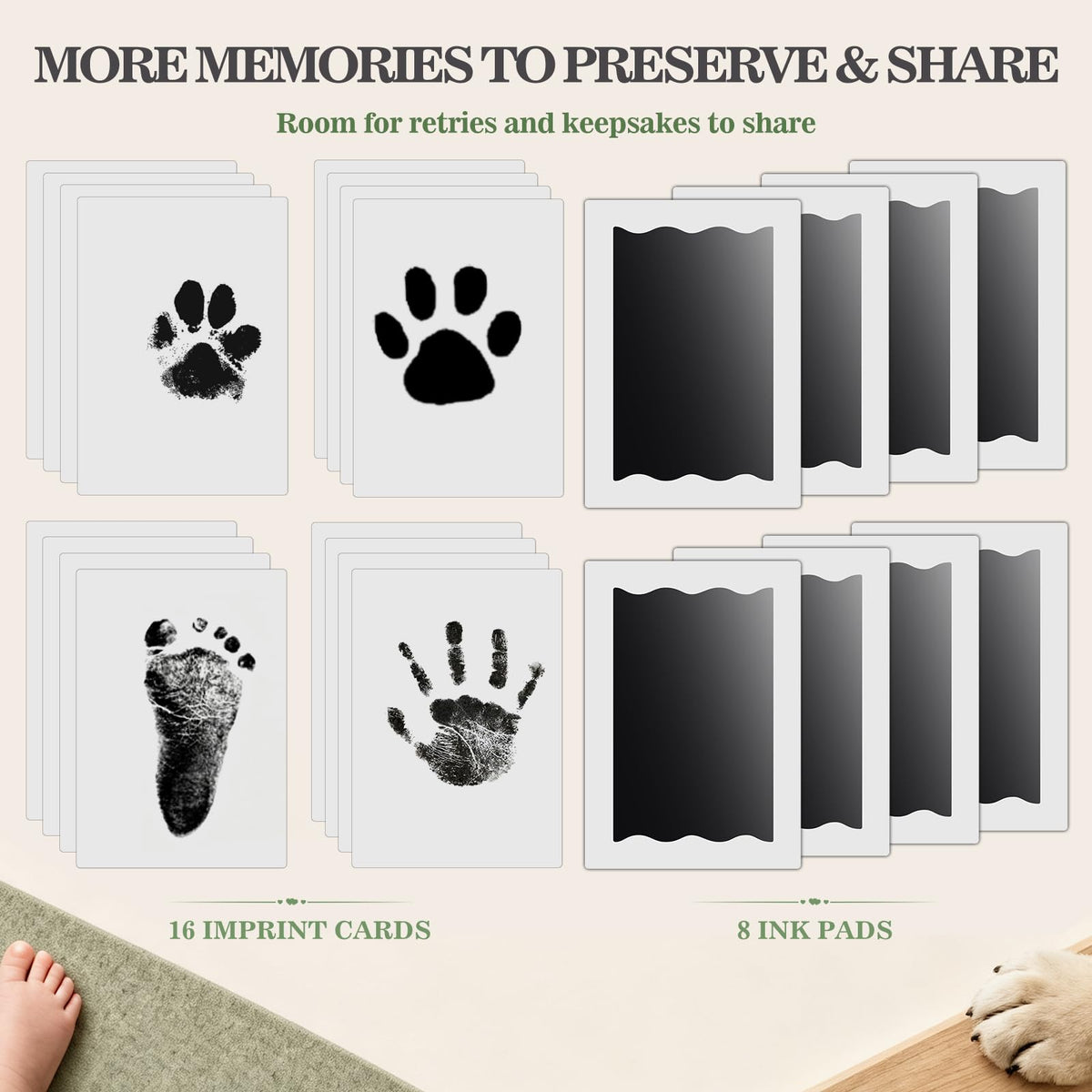 Nabance Baby Hand and Footprint Kit, 3 Inkless Print Pads, 6 Imprint Cards