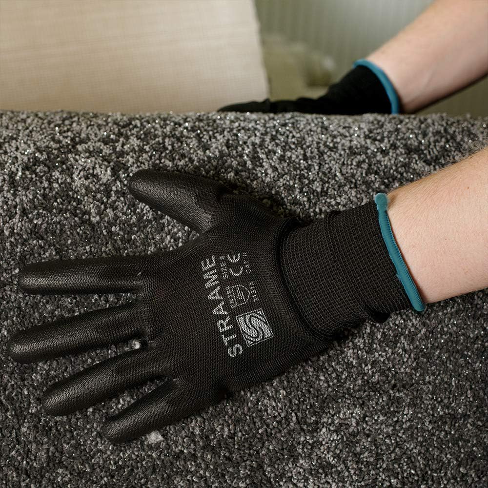 Straame Black Work Gloves, 12 Pairs, PU Coated Nylon, Non-Slip Grip, Size S