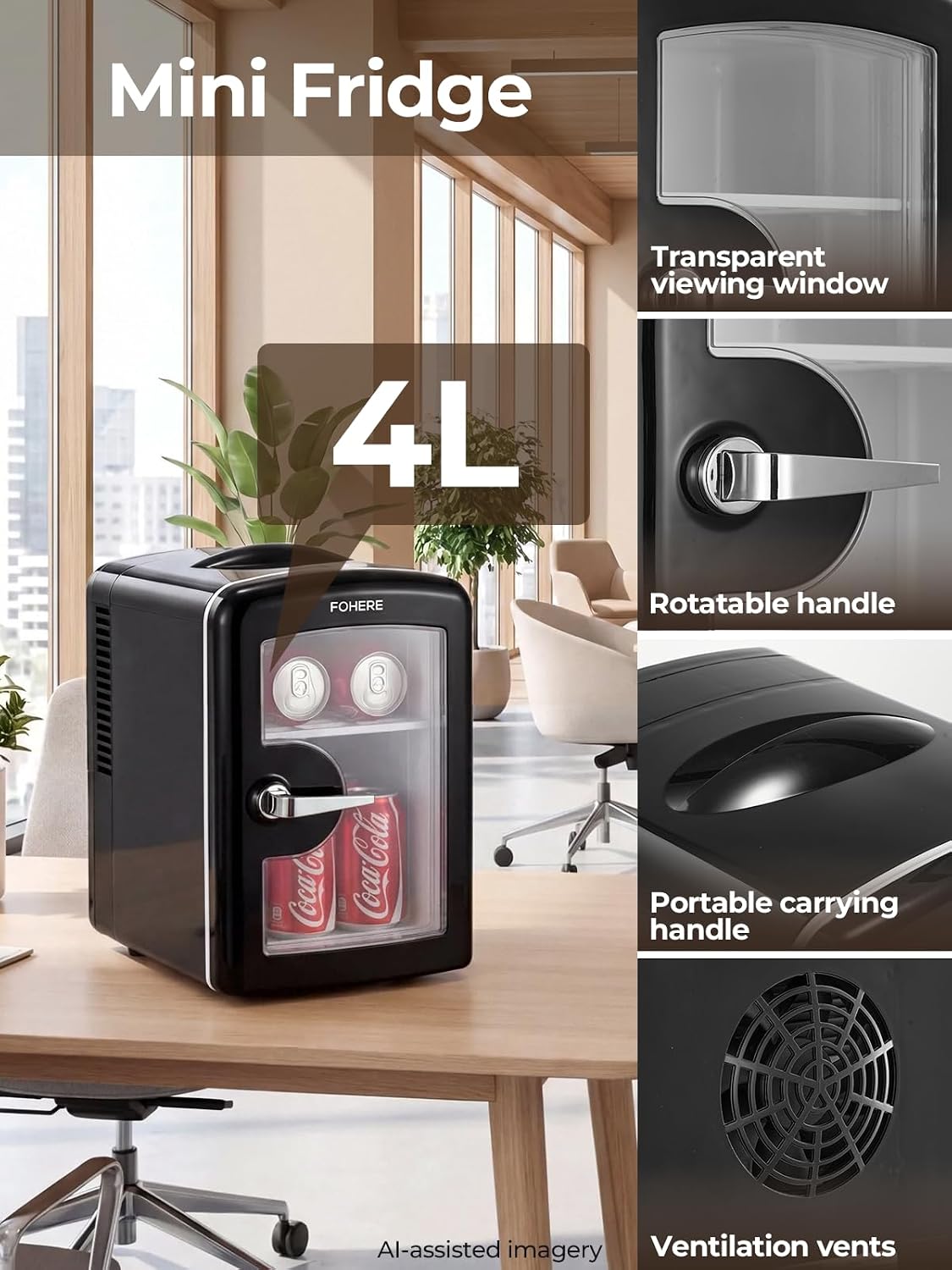 FOHERE Mini Fridge 4L, Portable 220V AC/12V DC Cooler & Warmer, Black