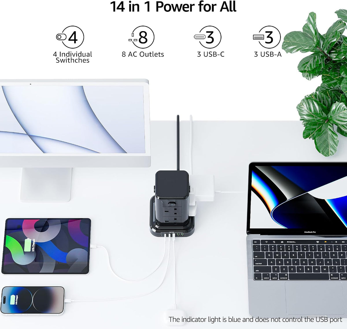 6M Tower Extension Cord with 6 USB Slots, Toomke 8 Way Extension Sockets with 3 USB A and 3 USB C, Tower Plug Extension with 4 Independent Switches 13A 3250W