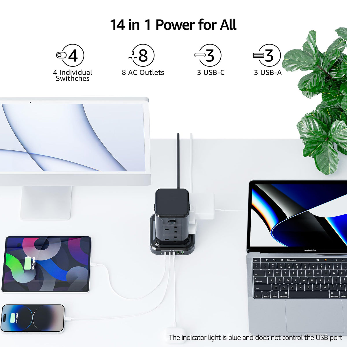 6M Tower Extension Cord with 6 USB Slots, Toomke 8 Way Extension Sockets with 3 USB A and 3 USB C, Tower Plug Extension with 4 Independent Switches 13A 3250W