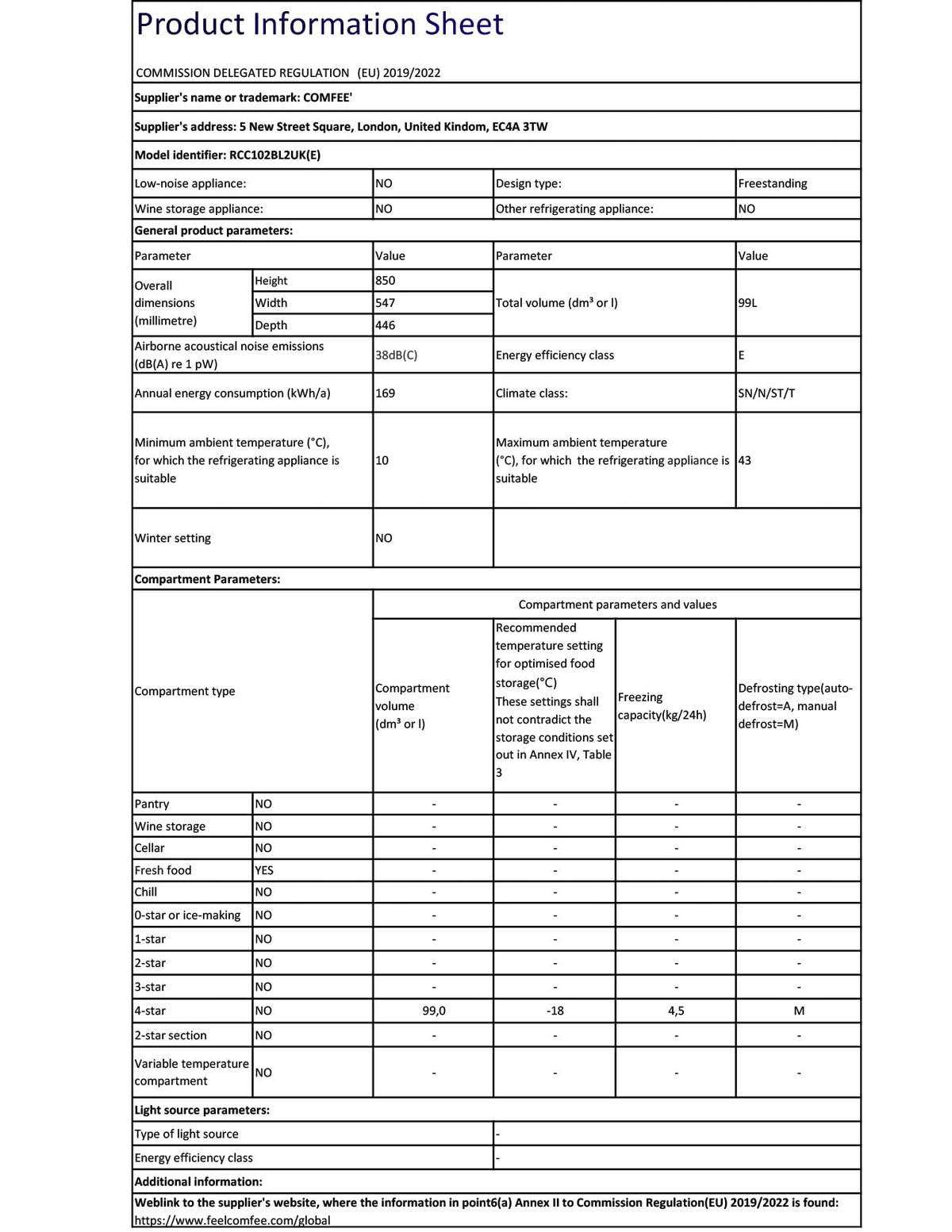 COMFEE' 99L Chest Freezer, Convertible Refrigeration Mode, RCC102BL2UK(E)