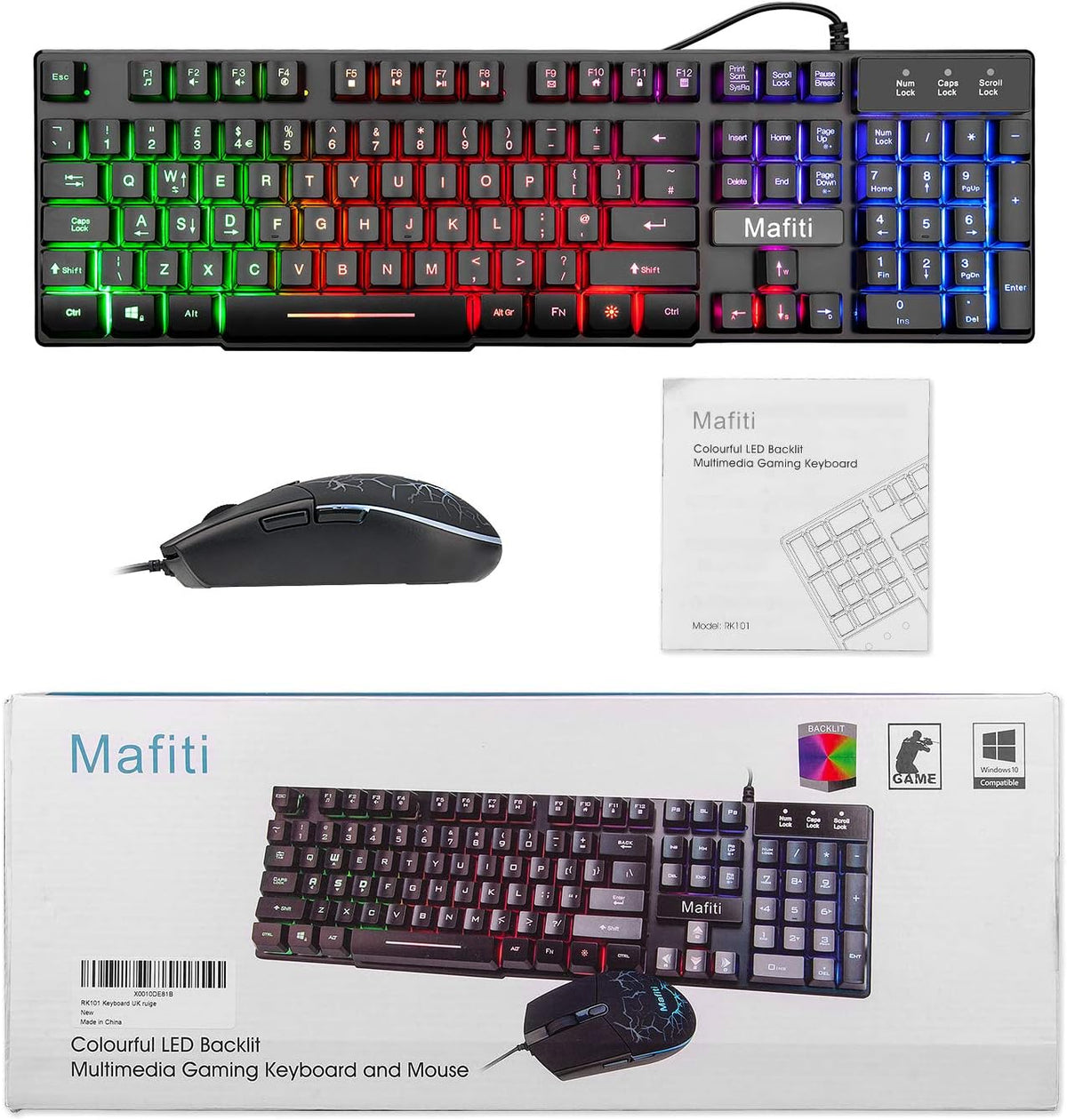 Gaming Keyboard and Mouse Set,Mafiti Rainbow Backlit Keyboard with Mechanical Feeling Breathing Light for Working or Gaming,UK Layout