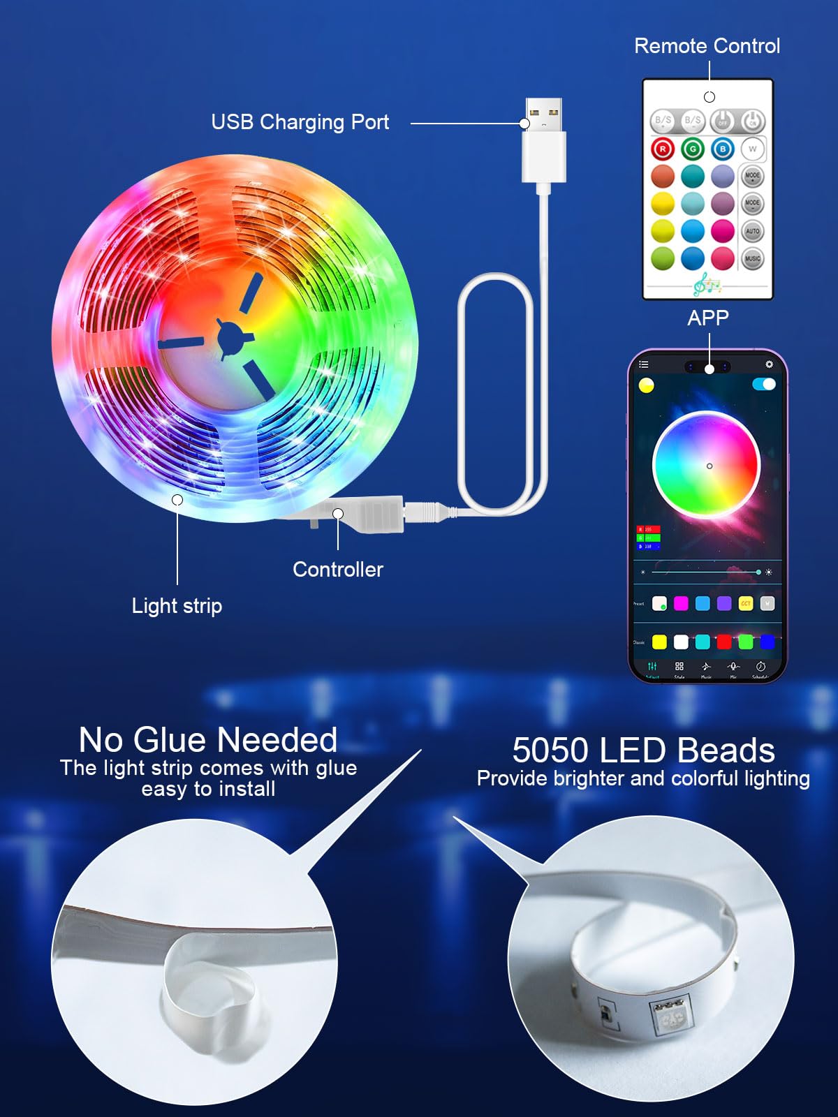GIPOYENT TV Light Strip, 5M TV Backlight, for 45-75 Inch TV, Music Sync LED TV Light with Bluetooth Function - RGB Color Changing Light Strip for Home Theater (16.4ft)