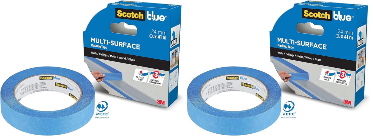 ScotchBlue Multi-Surface Premium Masking Tape, 24mm x 41m, 1 Roll/Pack - Scotch Adhesive Blue Painters Tape, For Painting and Decorating, Indoor & Outdoor, Sticks Well, 100% PEFC