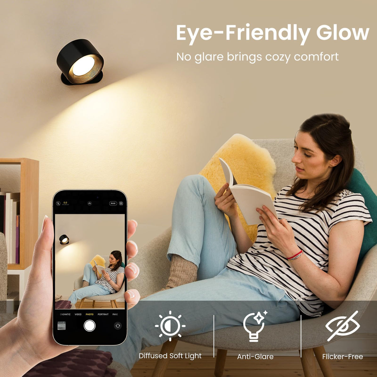 Coollamp LED Battery Operated Wall Lights, 3Pack Wall Lamp with Remote Control 3 Color Modes 3 Brightness Levels 360°Rotate Magnetic, Reading Lights for Living Room Bedroom Black