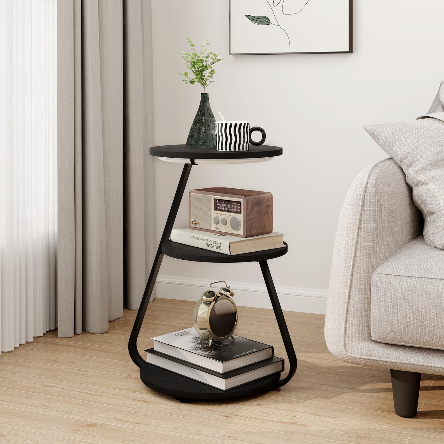 ARTETHYS Side Table, Small Round Coffee Table with 3 Color LED Lights, End Table with 3 Tier Storage Shelves, Bedside Sofa Side Tables for Living Room Bedroom, Rustic Brown