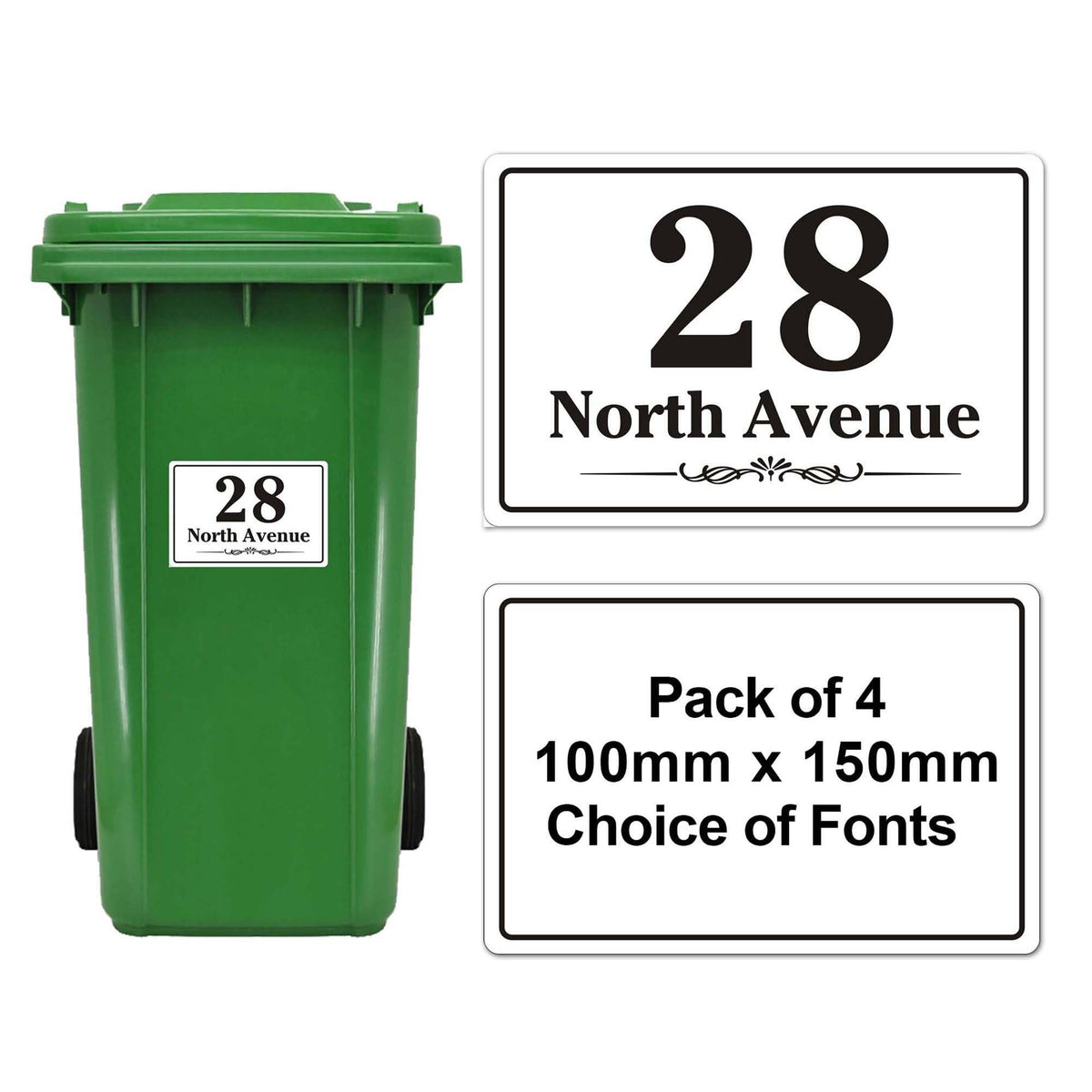 EDSG 4 x Wheelie Bin Stickers, Personalised Bin Numbers for Wheelie Bins, Custom Wheelies Bins Numbers Stickers, Number Sticker with House Number Street Name (Design 2)