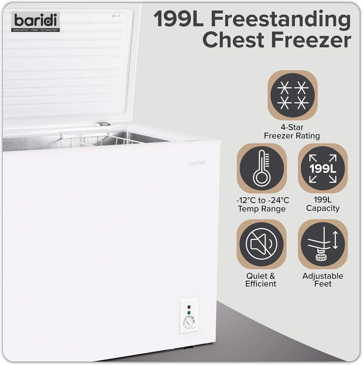 Baridi 299L Freestanding Chest Freezer with Adjustable Thermostat, Black - DH261
