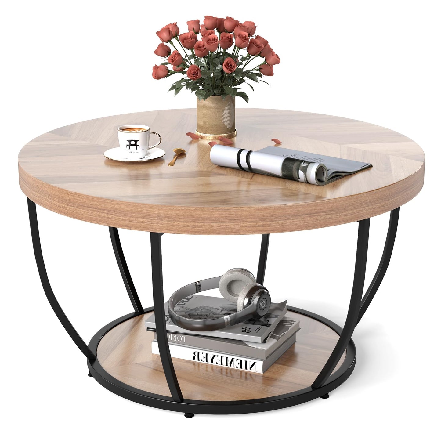 COSTWAY 2-Tier Round Coffee Table with Storage Shelf, Metal Frame Industrial Accent Cocktail Center Unit Sofa Side Tea Table for Living Room, Bedroom and Office, 80x80x45cm (Rustic Brown+Black)