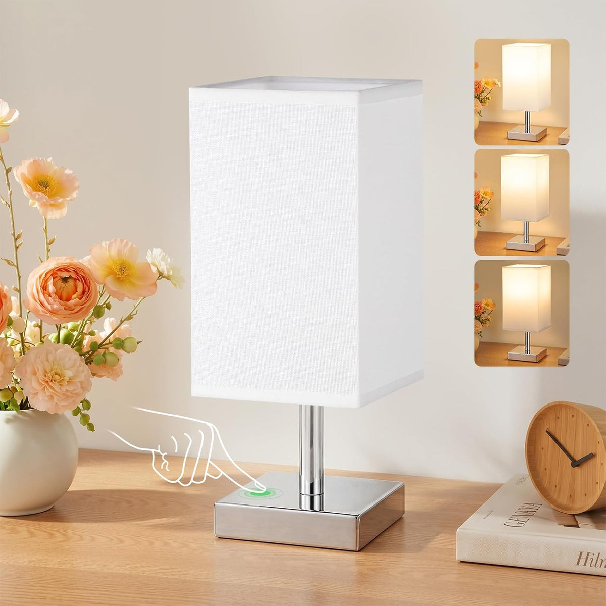 White Table Lamp for Bedroom, Small Bed Lamp with for Bedroom, Silver Base(Bulb Included)