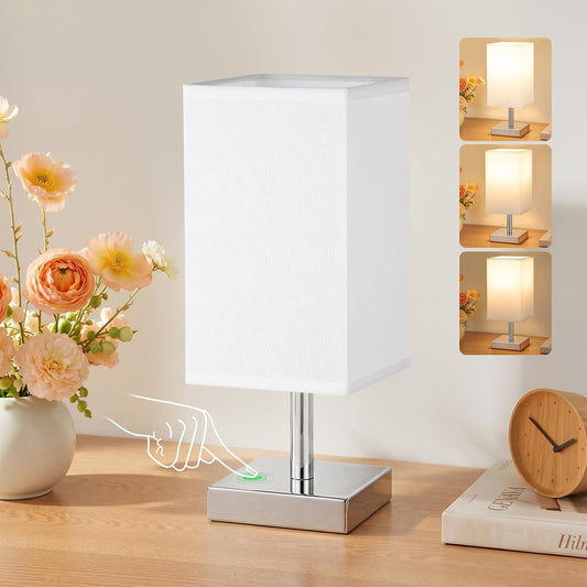 White Table Lamp for Bedroom, Small Bed Lamp with for Bedroom, Silver Base(Bulb Included)
