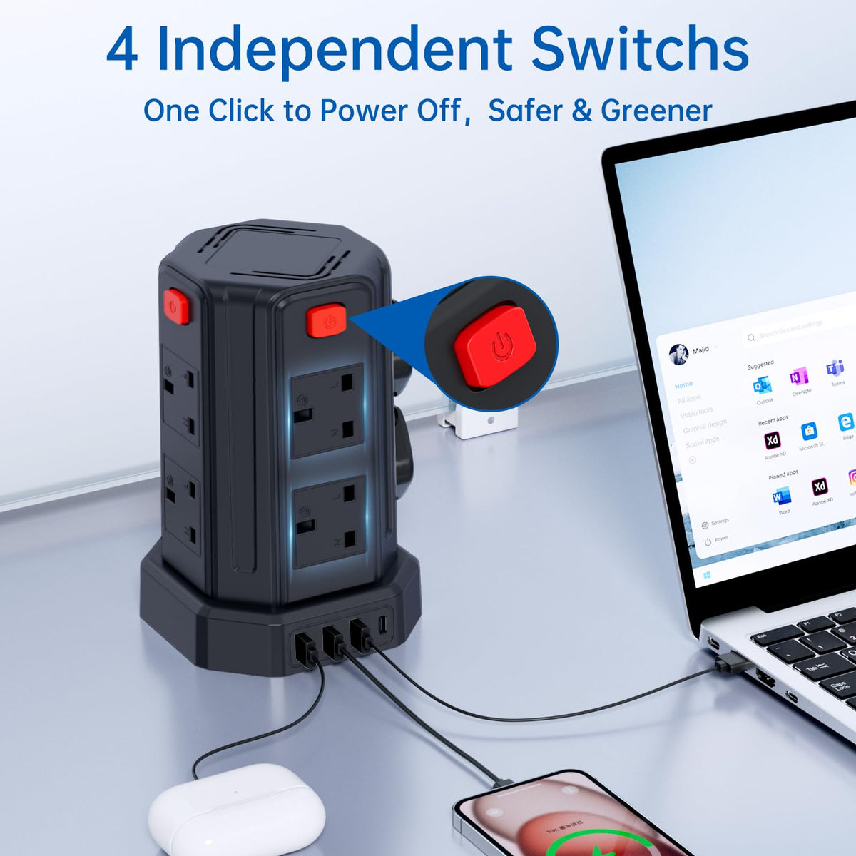 Tower Extension Lead 3M, [13A 3250W] Extension Lead, 8 AC Outlets & 4 USB Ports Multi Plug Socket Power Strip with 3M Extension Cable for Home, Office