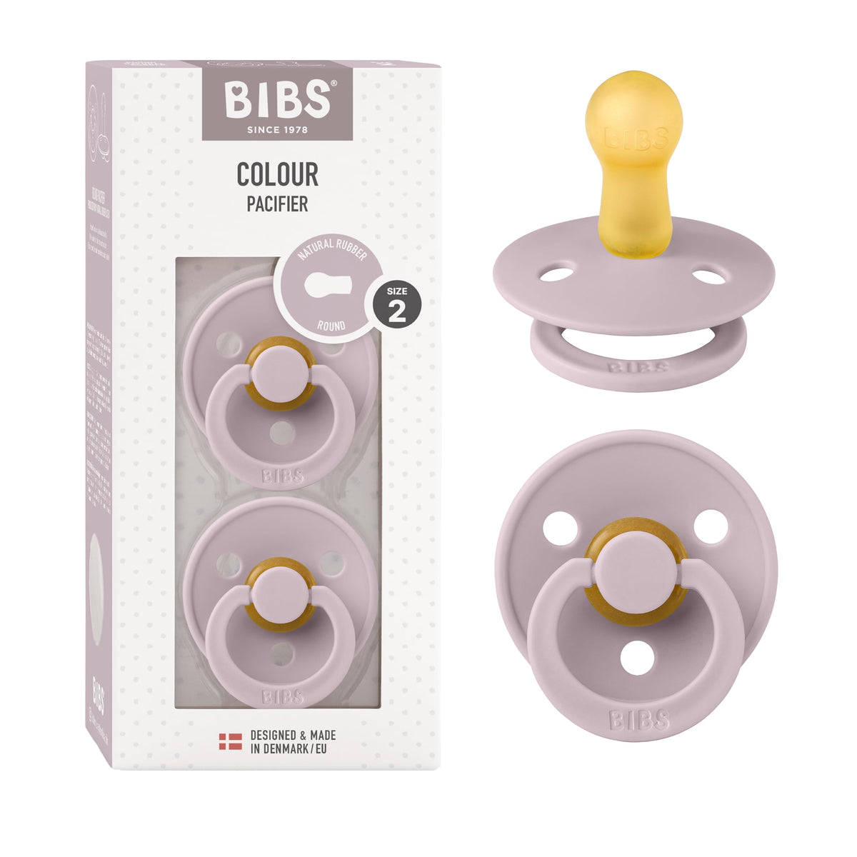 BIBS Colour Soother 2-Pack, BPA Free Dummy Pacifier, Round Nipple. Natural Rubber Latex, Made in Denmark, Size 2 (6-18 Months), Baby Blue
