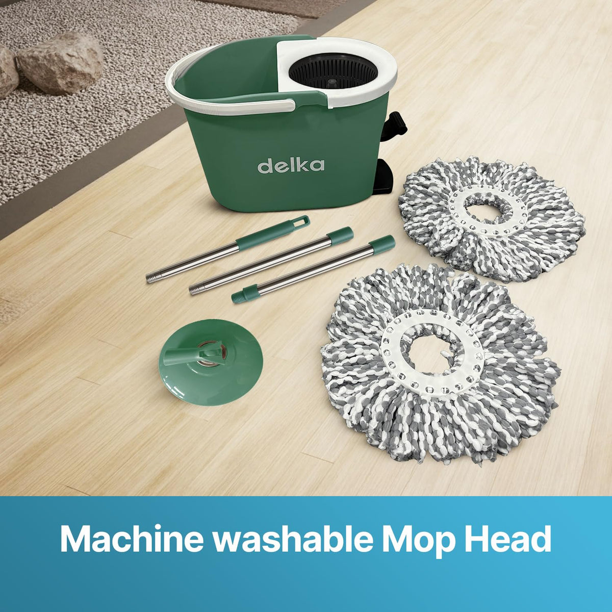 delka Spin Mop and Bucket Set – Easy Foot Pedal Water Removal, 360° Swivel Motion, Includes 2 Microfibre Mop Heads, All-Surface Cleaning, Splash Guard for Clean Mopping (Spin Mop Grey and White)
