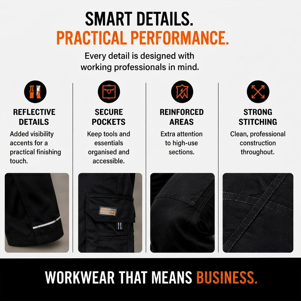 WrightFits Men Pro-11 Work Trousers Black - Heavy Duty Safety Combat Cargo Pant - Multi Pockets & Knee Pad Pockets - Triple Stitched -Durable Work wear (28W-48W)