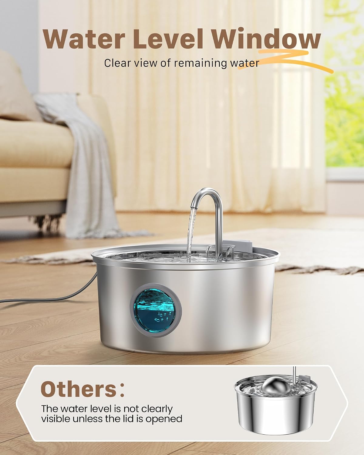 Cat Water Fountain Stainless Steel: Water Fountain Cat Bowl - 3.2L Drinking Fountains for Cats - Pet Water Dispenser - with 6 Carbon Filters + 3 Sponges