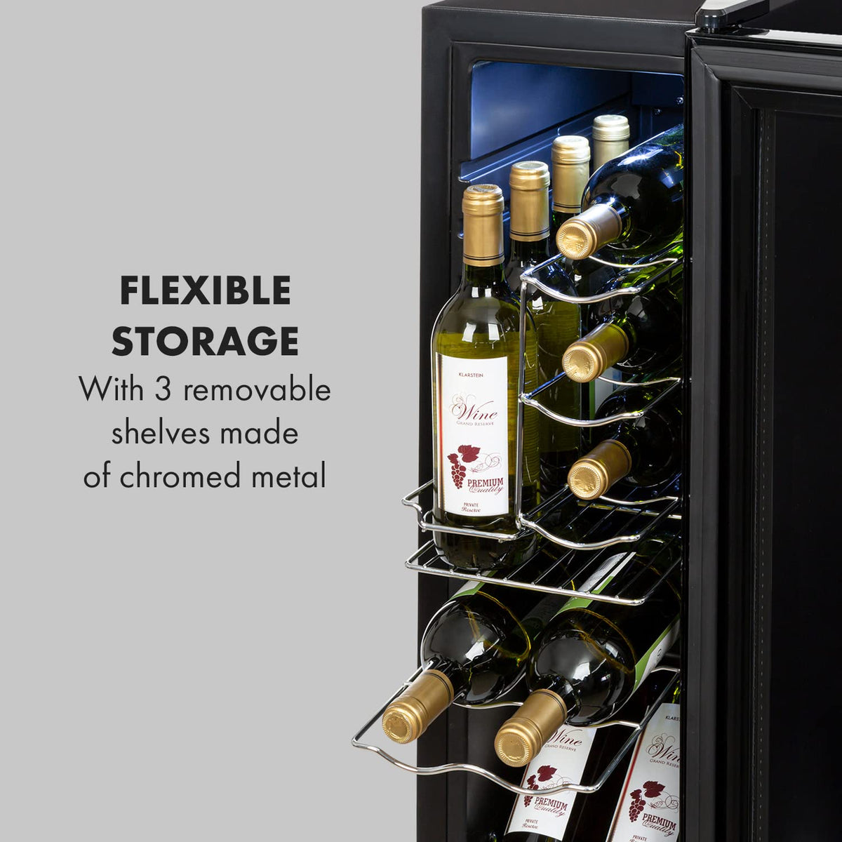 KLARSTEIN Shiraz Wine Cooler Black – 8 Bottles, 1 Zone | Freestanding Wine Fridge with Glass Door, Quiet, 5–18 °C, LED, Stainless Steel Frame