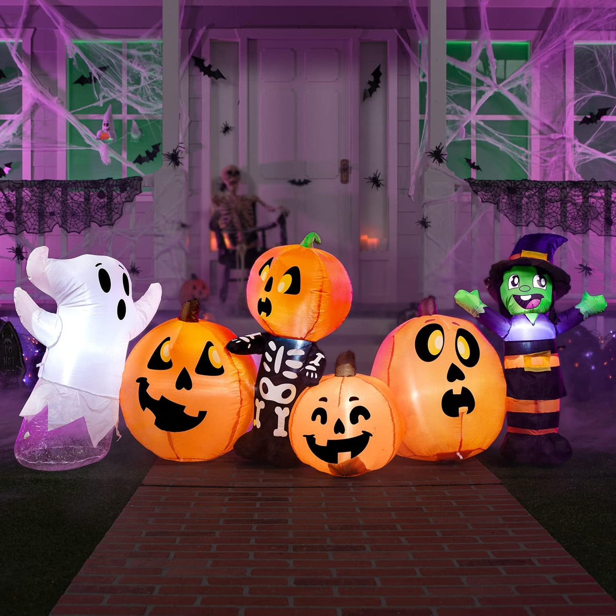 Joiedomi 8 ft Long Inflatable Three Characters and Pumpkin Patch With Built-in LEDs for Halloween Party Indoor, Outdoor Yard Lawn Garden Decorations