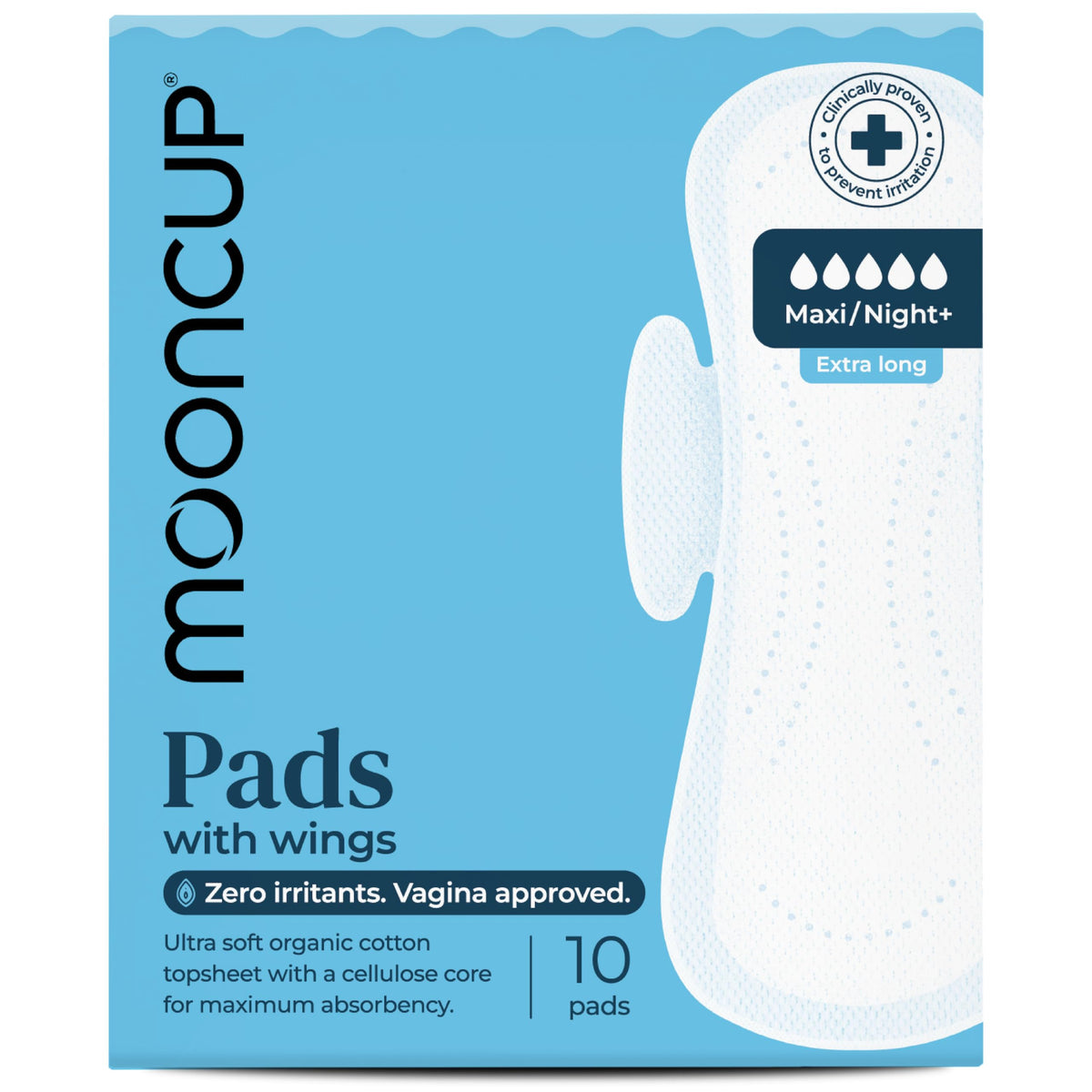 Mooncup Pads with Wings - Biodegradable Pads Made with Organic Cotton for Irritation-Free Period Care - Leakproof, Plastic-Free, Highly Absorbent Protection for Sensitive Skin - (20) Heavy/Night