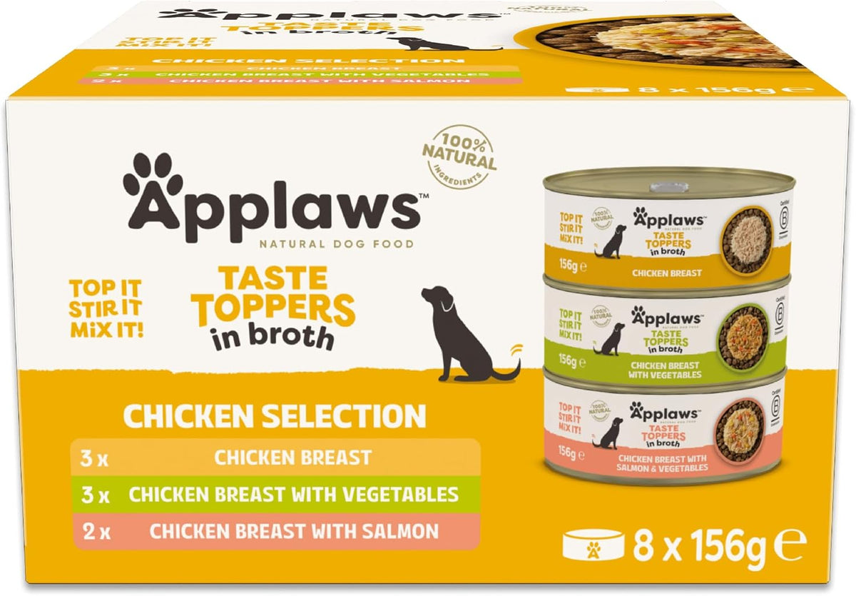 Applaws Natural Wet Dog Food Topper, Chicken Selection in Broth, 8x156g Tin
