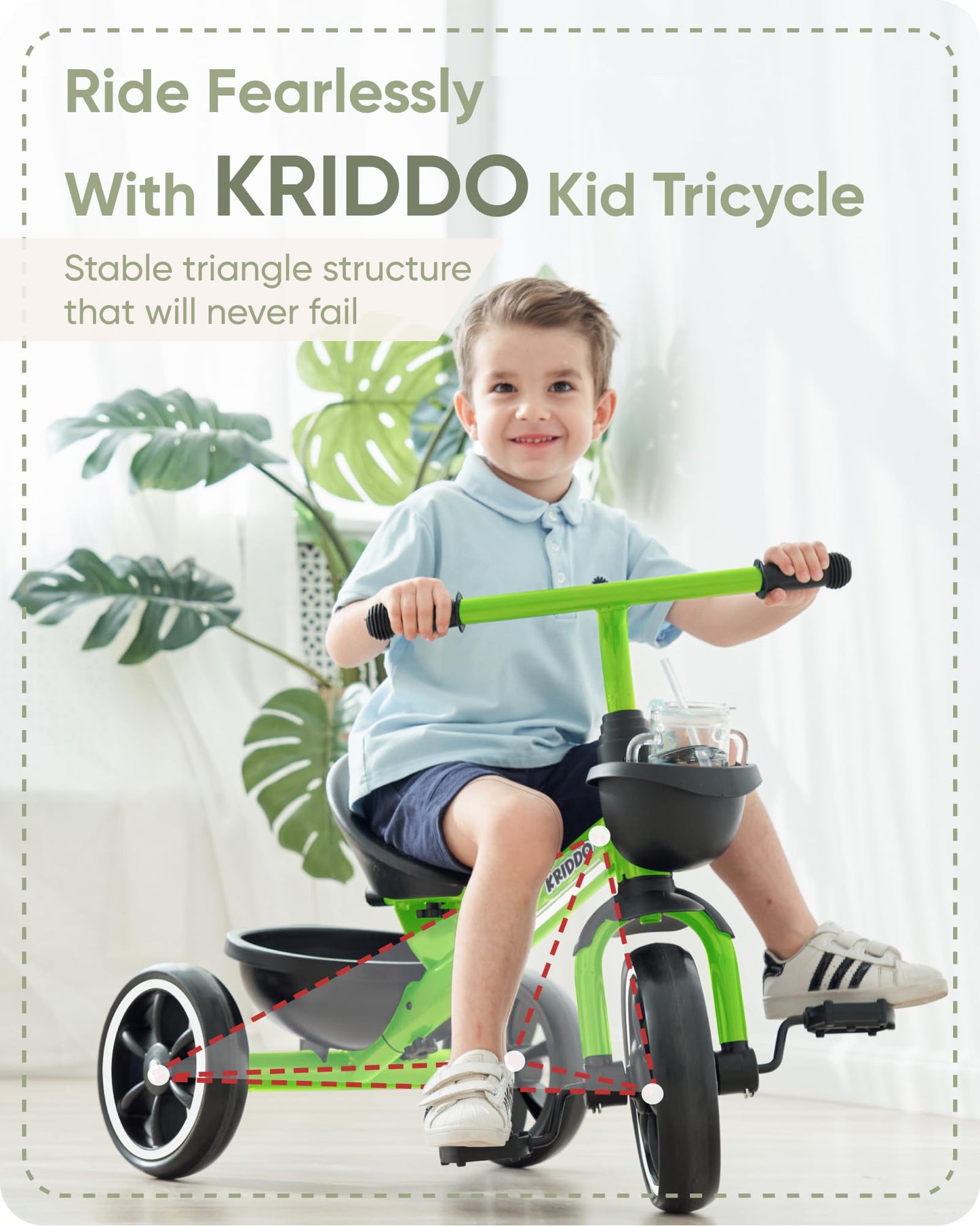 KRIDDO Toddler Tricycle — Anti-Tip Design, BPA-Free | Ages 18 Months to 4 Years | Pink