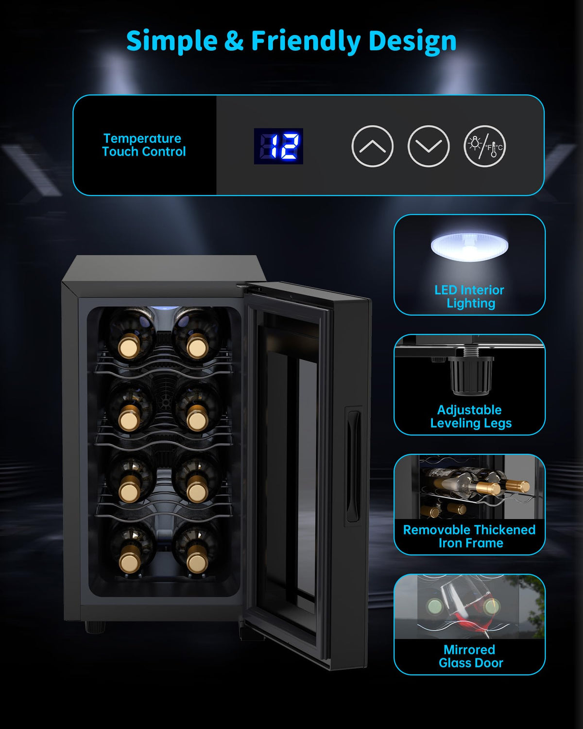 WIE 48L Drinks Fridge with Glass Door, Beer Fridge for 68 Cans or 12 Wine Bottles, Mini Fridge 4-16°C Touch Control, Quiet Beverage Refrigerators with LED Light, Reversible Door for Home, Bar, Office