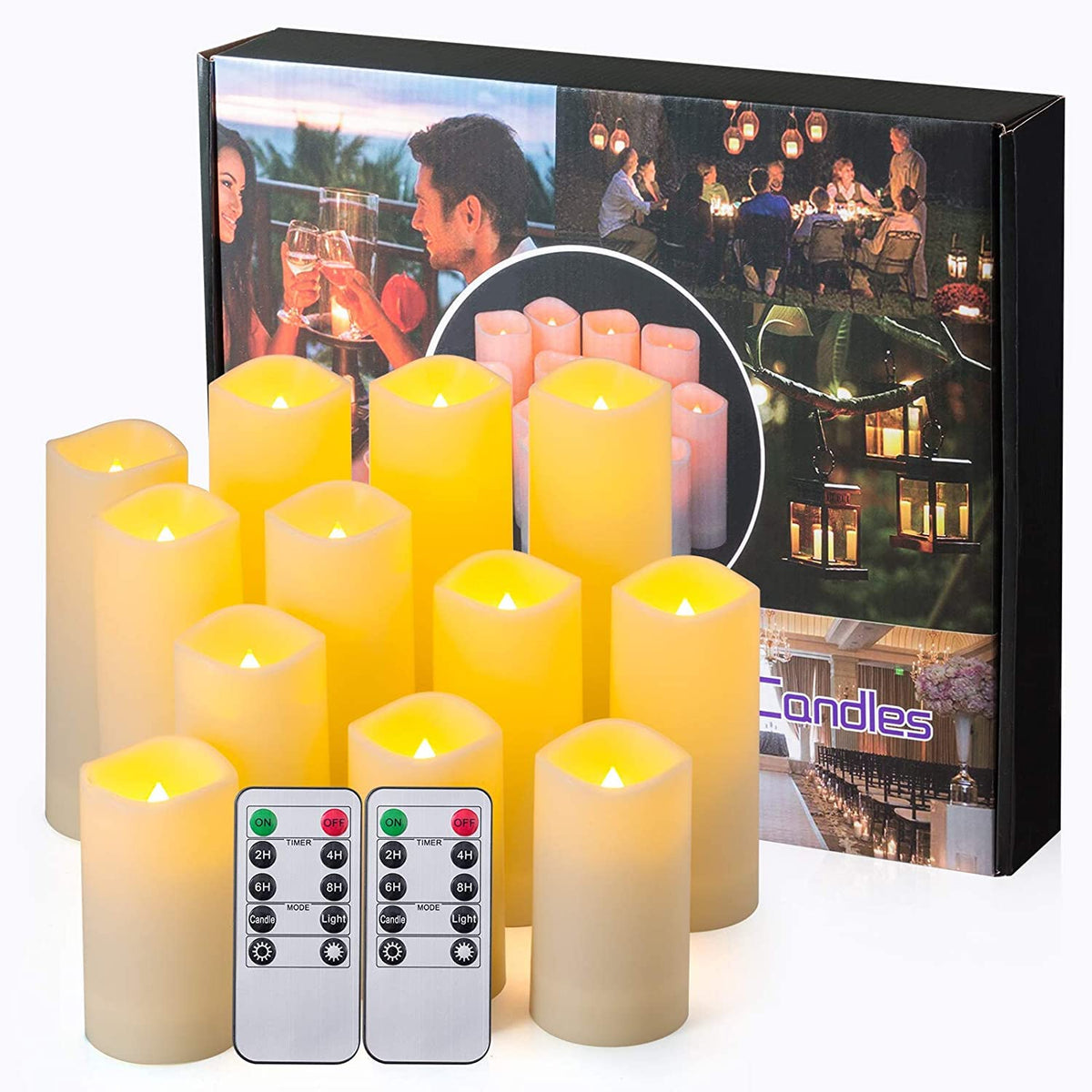 LIVEN Flickering Flameless Candles Battery Operated with Remote,Led Pillar Candles with Realistic Moving Wick Candles for Halloween,Christmas,Home Decor Pack of 12 (D2.2 xH 5" 6" 7")(White)
