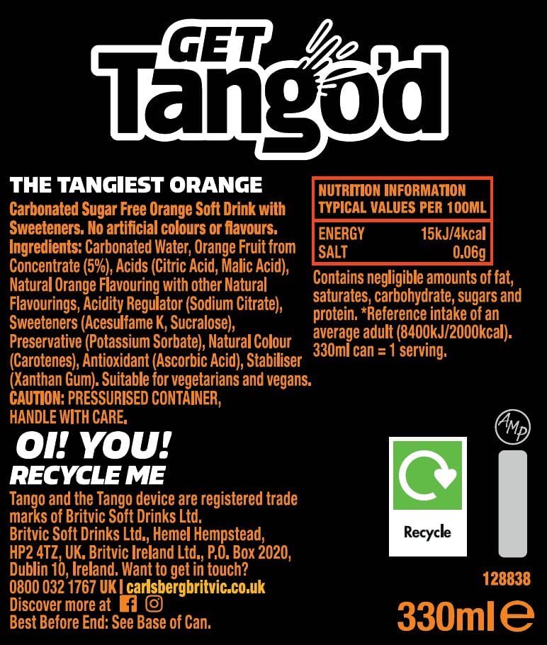 Tango Orange Sugar Free | 330ml Can | 8 Pack