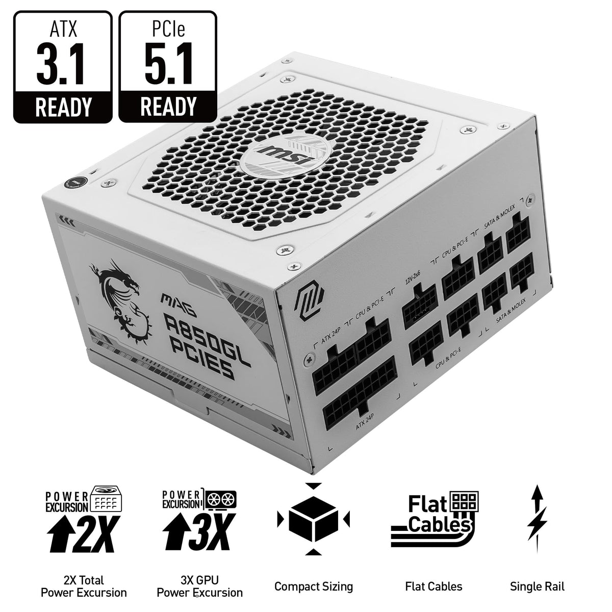 MSI MAG A750GL PCIE5 Power Supply Unit, 750W, 80 Plus Gold, Fully Modular, ATX 3.0, PCIe 5.0 GPU Support, 120mm FDB Fan, Full-Bridge LLC, Flat Black Cables - 7 Year Warranty