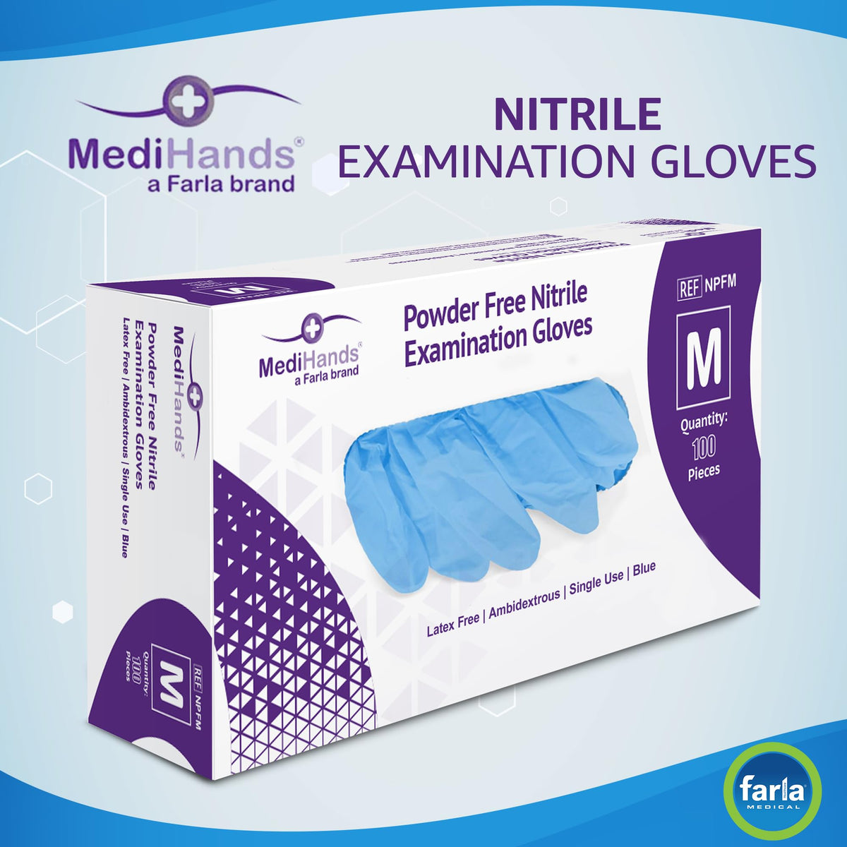 MediHands Nitrile Gloves Medium, Blue Heavy Duty Disposable Glove and Surgical Gloves, Powder Free and Latex Free, Medical, Food, Multi Use, Pack of 100