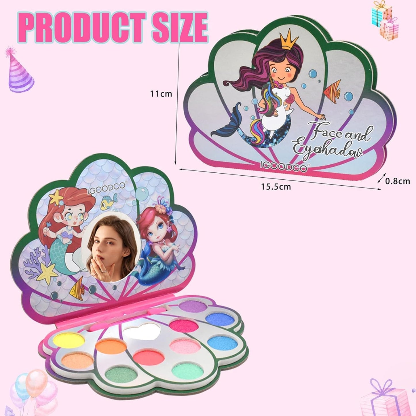 12 Colors Kids Makeup Set for Girls, Non-Toxic Kids Cosmetics, Washable Kids MakeUp Set Girl Toy, Princess MakeUp Kit with Brush and Mirror, Christmas Halloween Birthday Makeup Gift for Girls