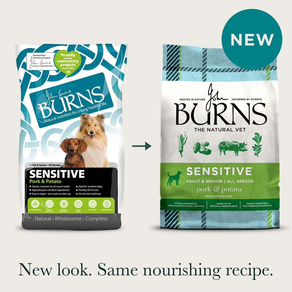 Burns Pet Nutrition Hypoallergenic Complete Dry Dog Food Adult and Senior Dog Sensitive with Pork and Potato 2 kg