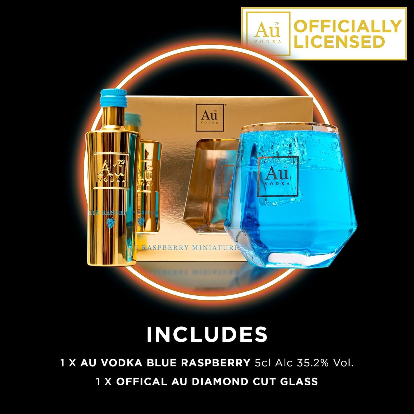 Au Vodka Gift Set - Blue Raspberry Flavoured Vodka 5cl Miniature & Diamond Cut Gold Glass - Official Licensed - Fathers Day, Birthday Gifts for Men and Women - Handcrafted In The UK, Alcohol Gift Set