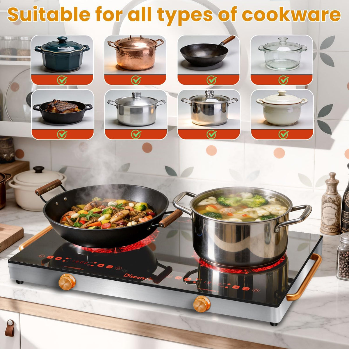 Double Ceramic Hob with Handle, Plug in 2 Ring Electric Hob