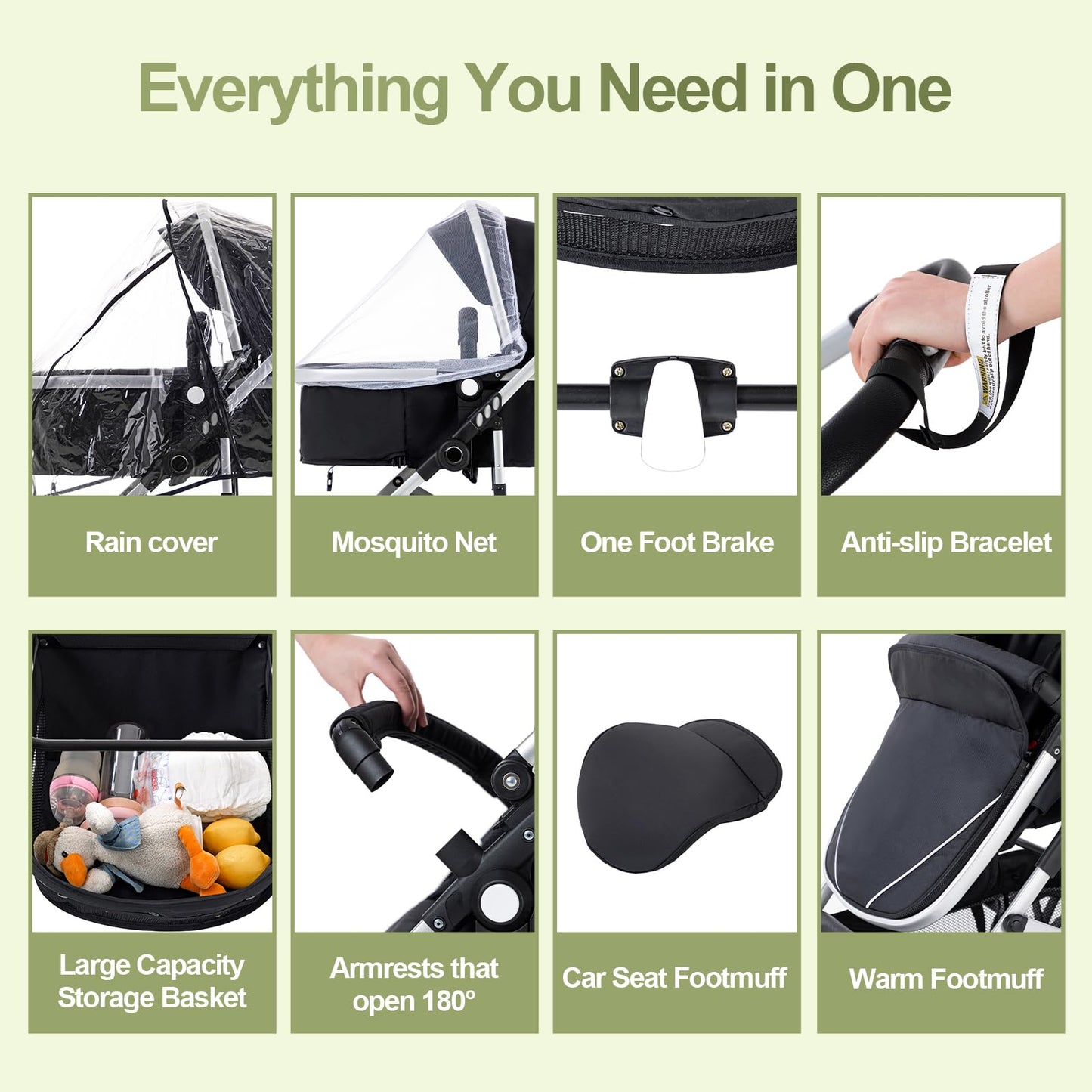 Gcarebb 3 in 1 Prams Travel System, Pushchair with Height Adjustable Handle, Travel Pram with Mosquito Net, Baby Stroller with Aluminum Frame for Newborn 0-4 Years