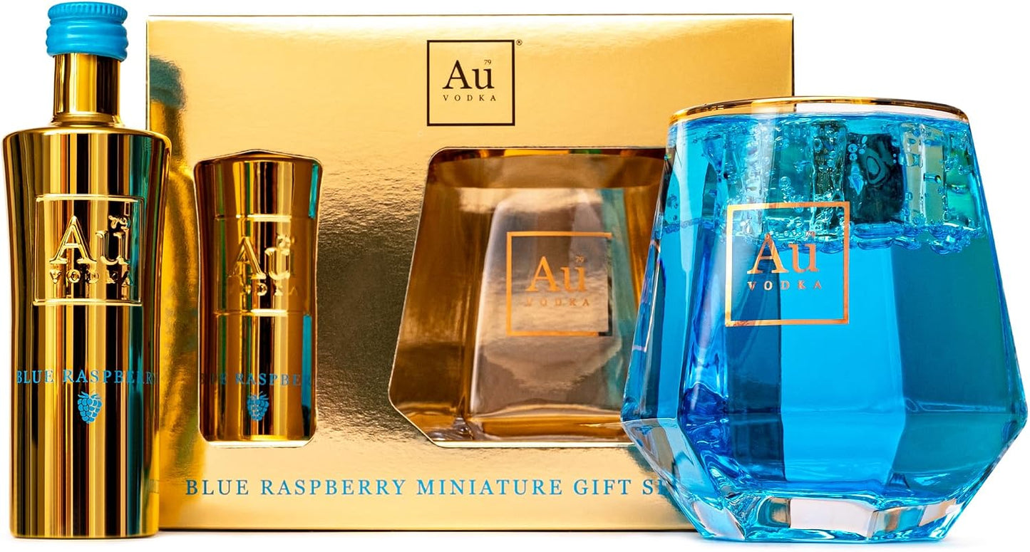 Au Vodka Gift Set - Blue Raspberry Flavoured Vodka 5cl Miniature & Diamond Cut Gold Glass - Official Licensed - Fathers Day, Birthday Gifts for Men and Women - Handcrafted In The UK, Alcohol Gift Set