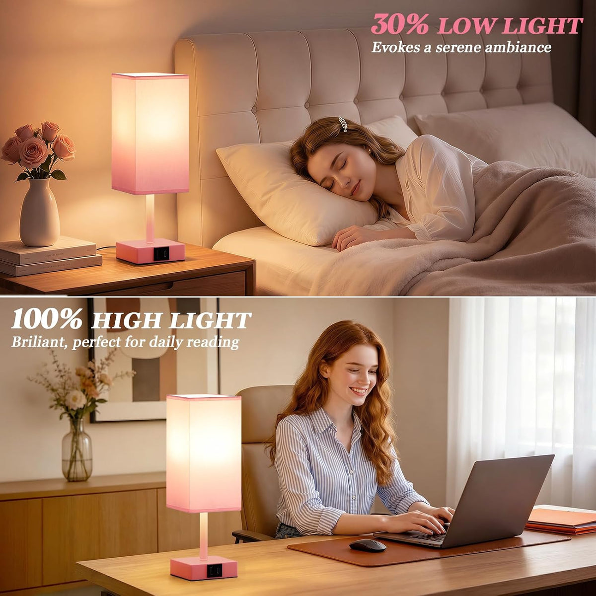 Pink Touch Lamp, Bed Lamp with Dual USB Charging Ports, Pink-Base (Bulb Included)