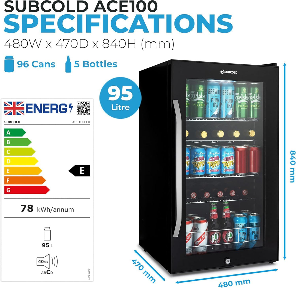 Subcold Ace90 LED Touch Control Beer Fridge With Glass Door | Premium Drinks & Wine Fridge | Black Alu Handle, Auto Defrost, Lockable | 91 Cans | Ideal for Home Bar Undercounter