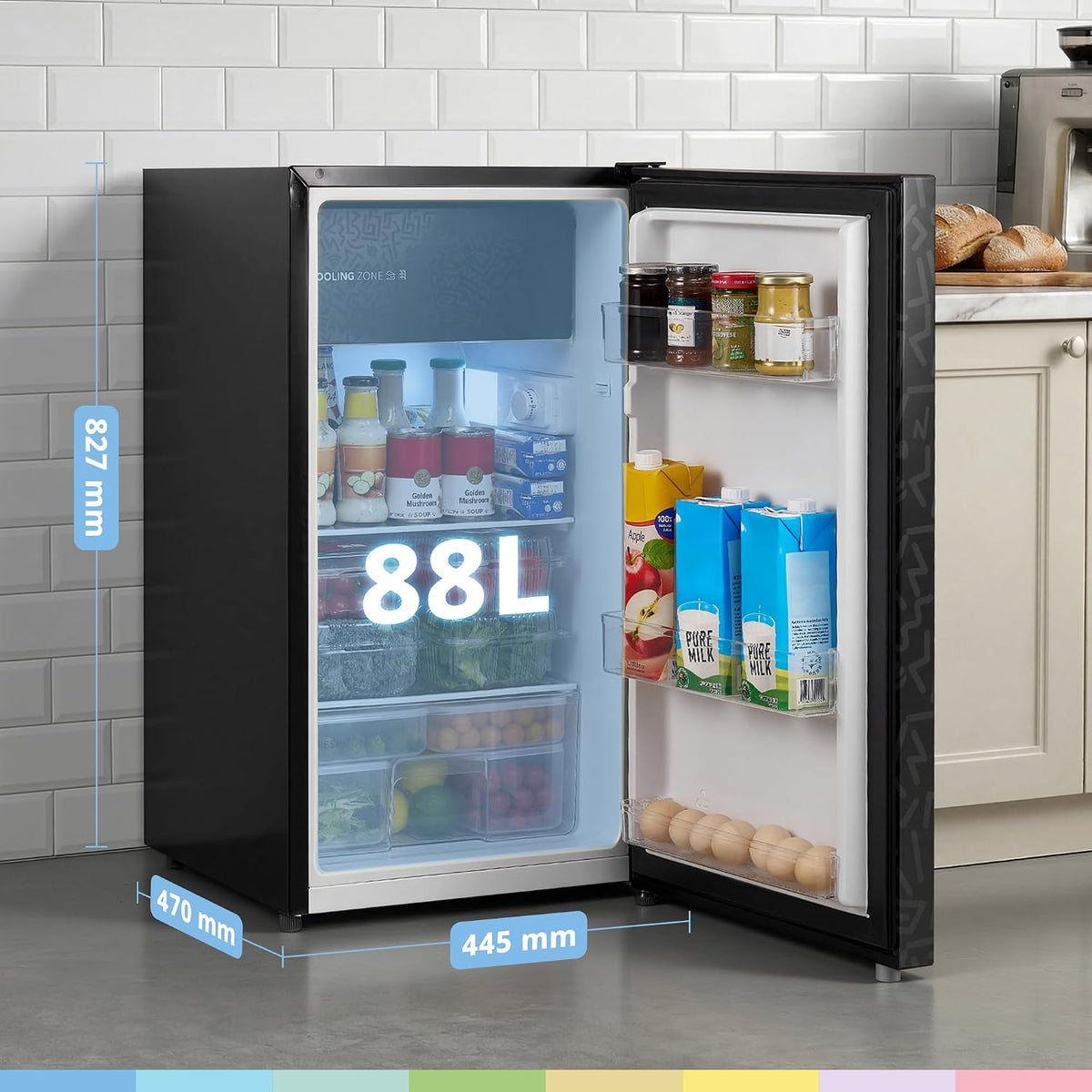 COMFEE' 88L Under Counter Fridge, Cooler Box, Removable Handle, Black