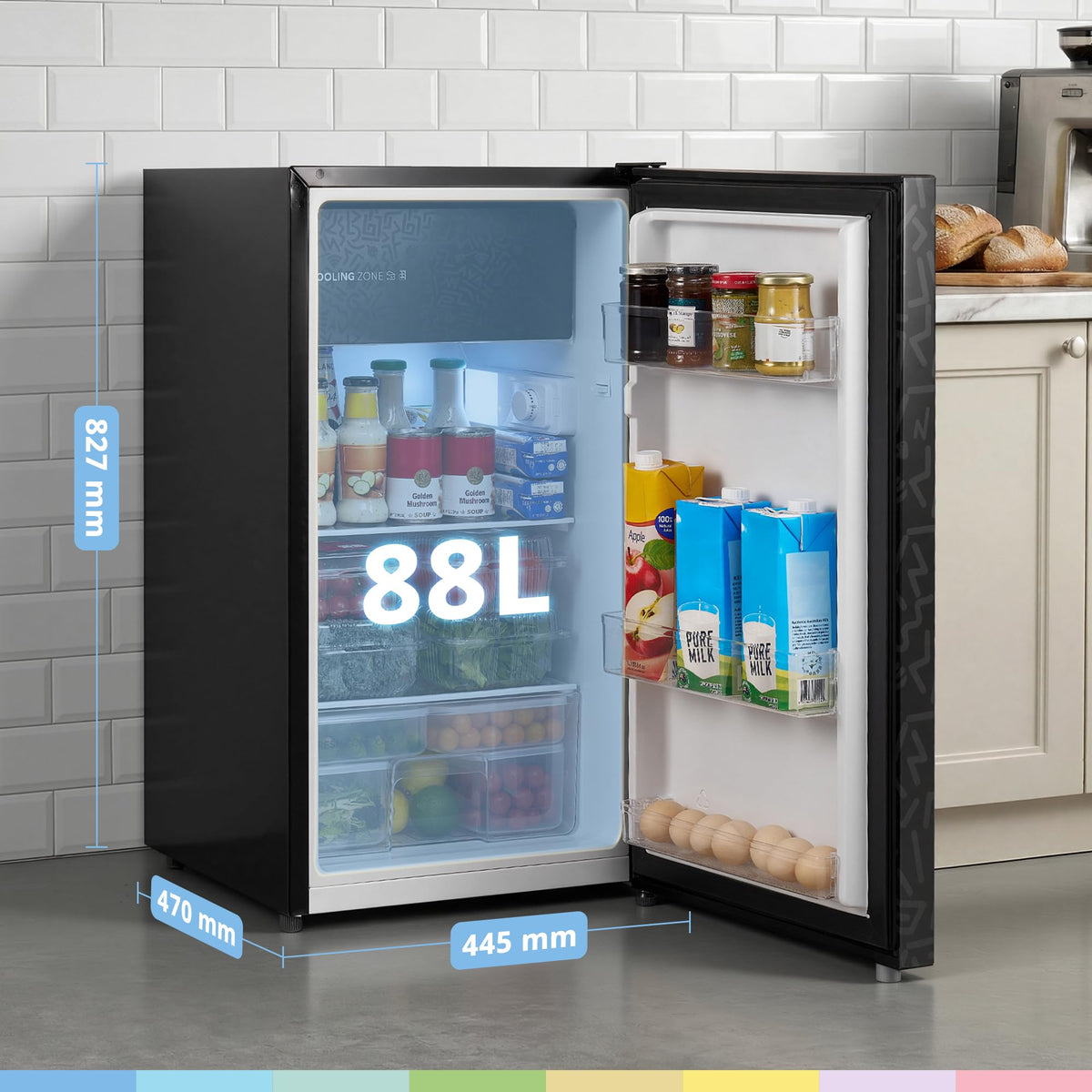 COMFEE' 88L Under Counter Fridge, Cooler Box, Removable Handle, Black