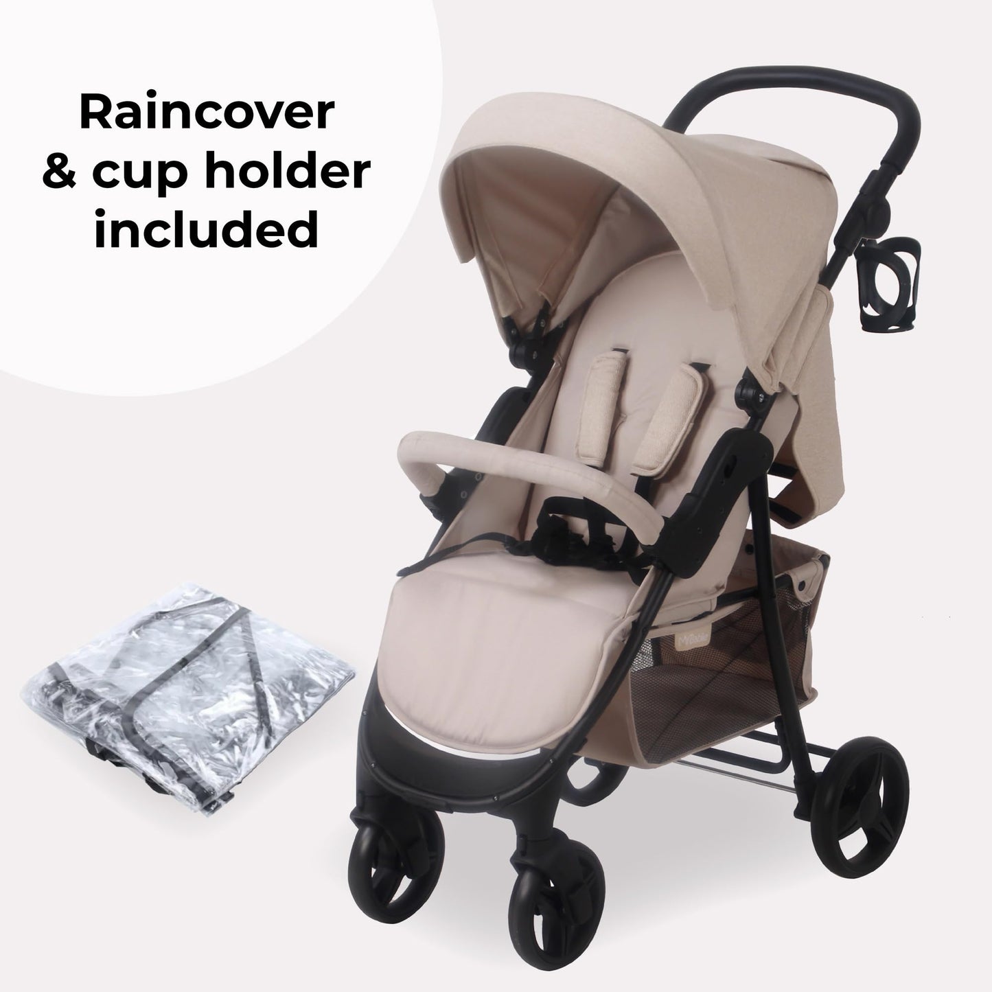 My Babiie MB30 Pushchair – from Birth to 4 Years (22kg), Easy Compact Fold, Large Shopping Basket, Adjustable Handle, Stroller Includes Cup Holder, Rain Cover – Black & Grey